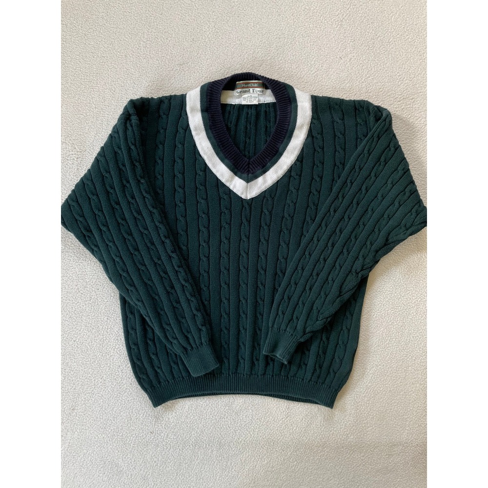 90s Vintage USA Made Hunt Club Mens Large Sweater Green Cable Knit V-Neck Cotton